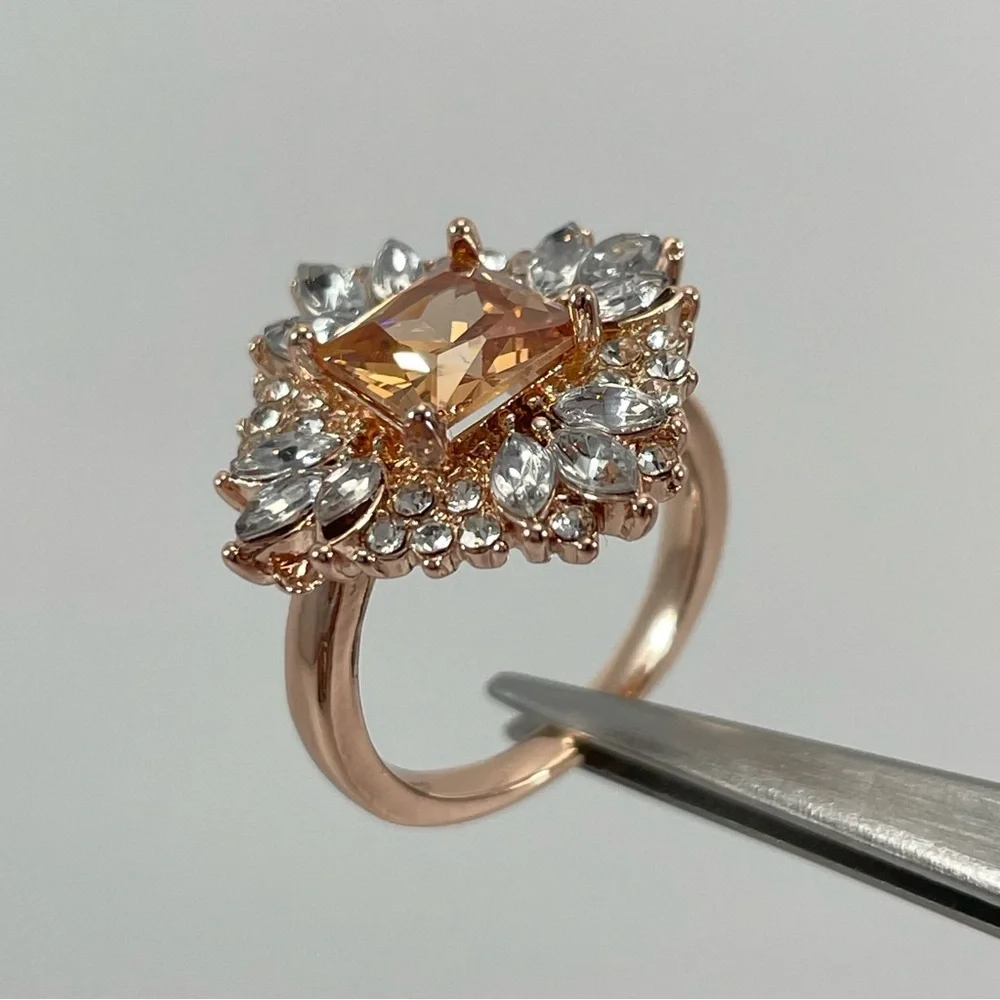 Ring Art Deco Champagne Diamond CZ Princess Cut Halo Gold Tone Plated Boho